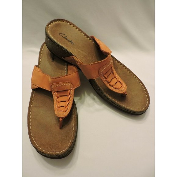 Clarks Shoes - Clarks Solid Sandals Orange Thong Wedges Flip Flops Leather Slip On Shoes 9M